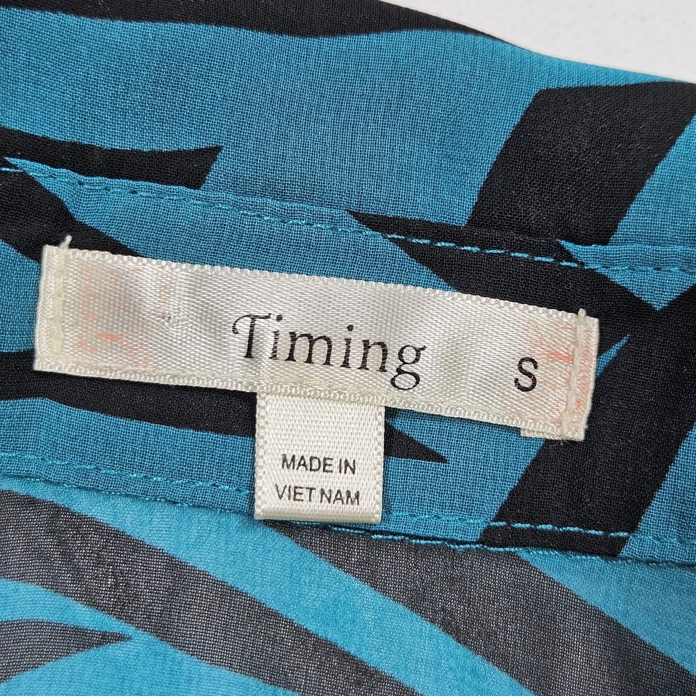Timing Button Down Women S Blue Geometric Sheer Roll Tab Sleeve Blouse Shirt - Picture 3 of 7